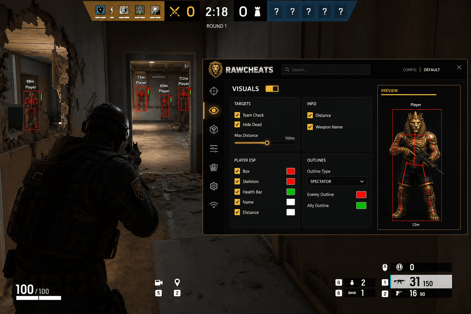Cheap Rainbow Six Siege X ESP (2026) — in-game screenshot showing RawCheats overlay