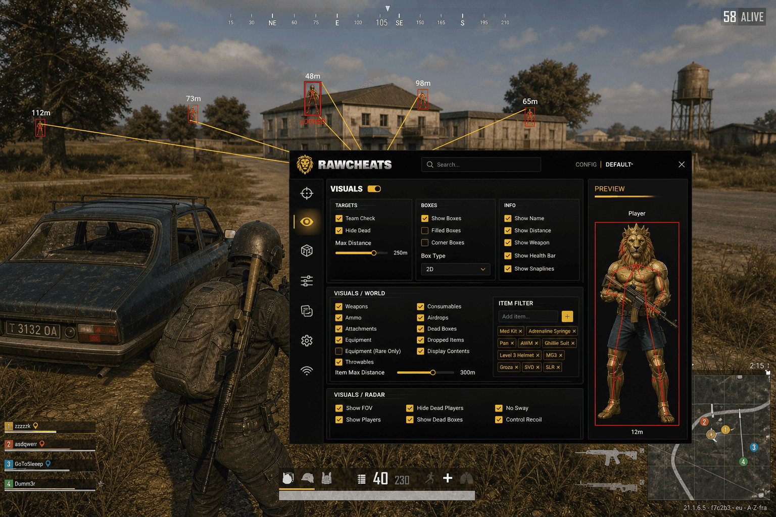 Best PUBG: BATTLEGROUNDS Aimbot in 2026 — What Actually Works — in-game screenshot showing RawCheats overlay