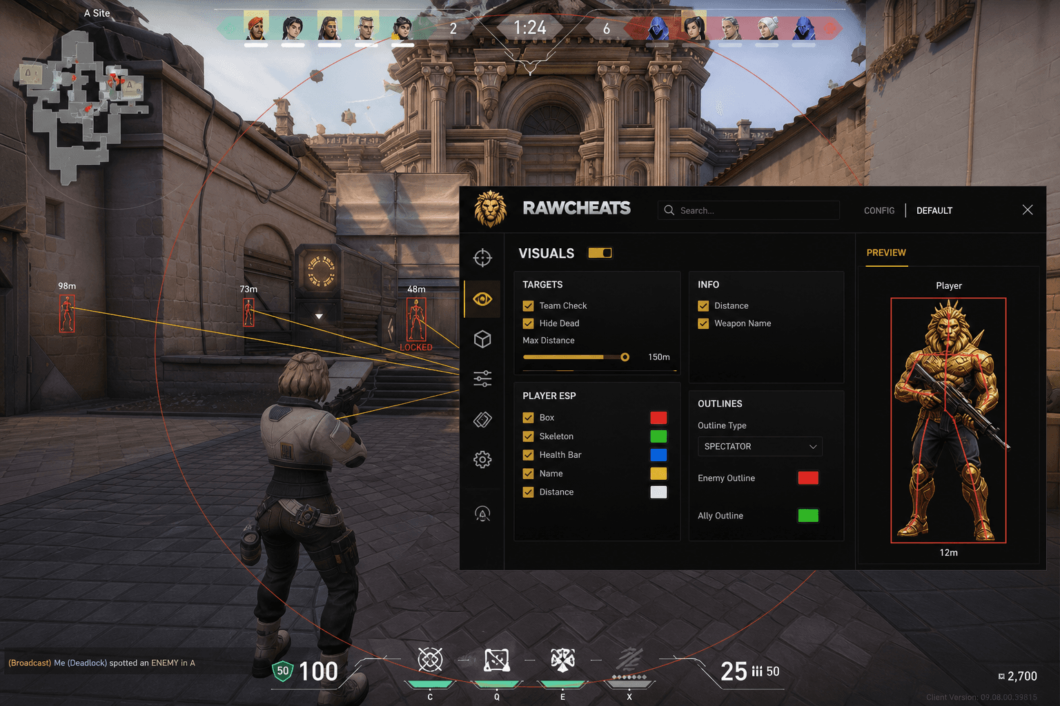 Cheap Valorant Aimbot (2026) — in-game screenshot showing RawCheats overlay