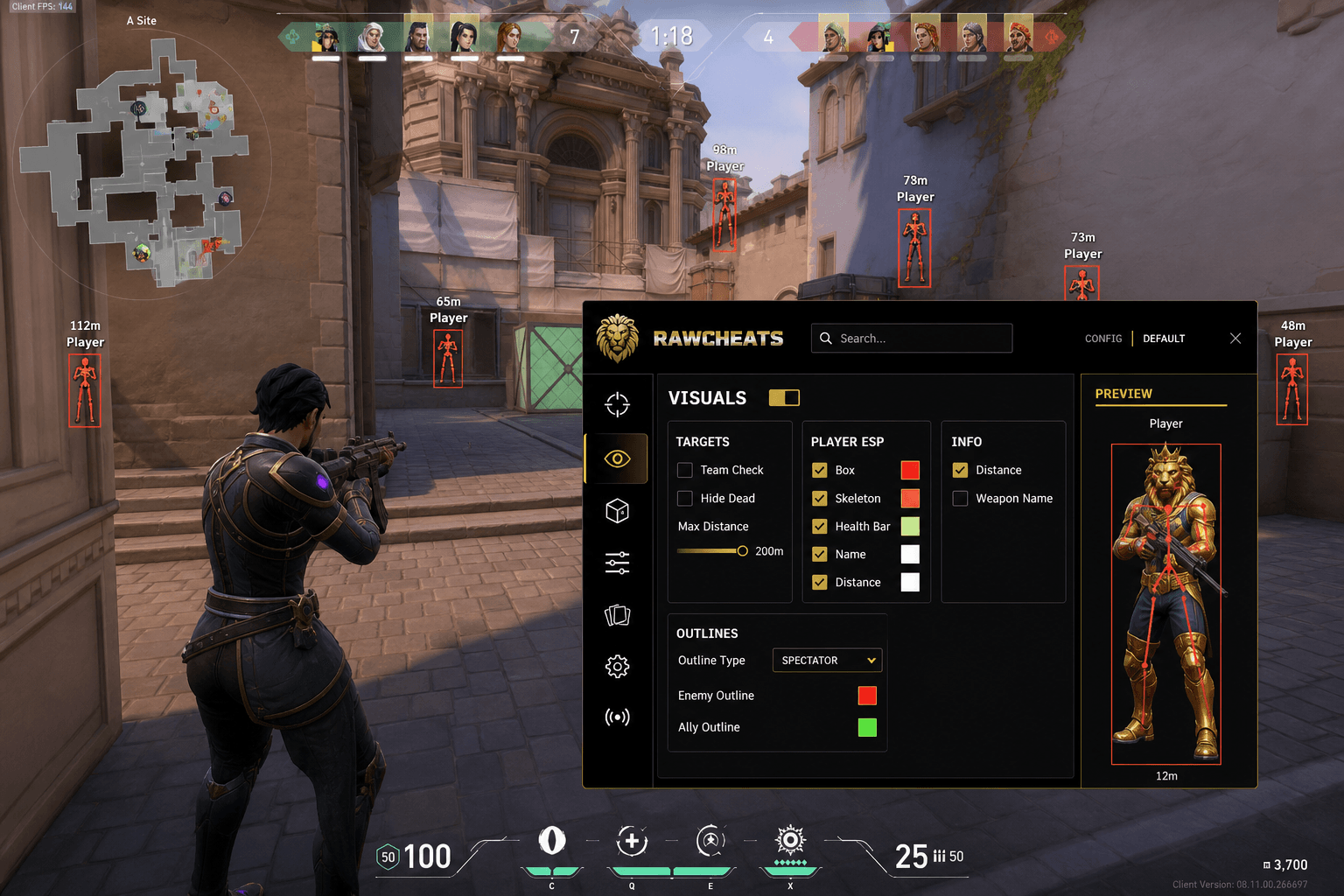 Cheap Valorant ESP (2026) — in-game screenshot showing RawCheats overlay