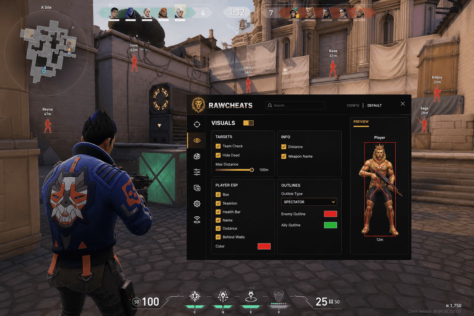 Cheap Valorant Wallhack (2026) — in-game screenshot showing RawCheats overlay