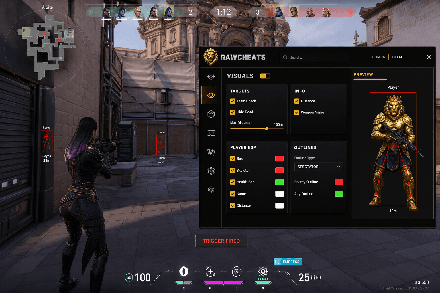 Cheap Valorant Triggerbot (2026) — in-game screenshot showing RawCheats overlay