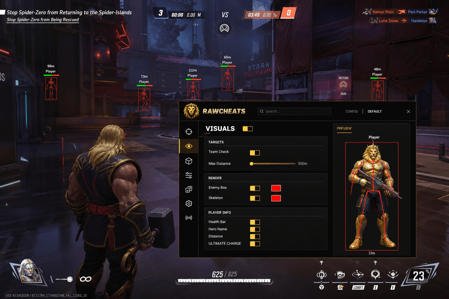 Marvel Rivals gameplay with the RawCheats menu open showing player ESP and ultimate charge tracker