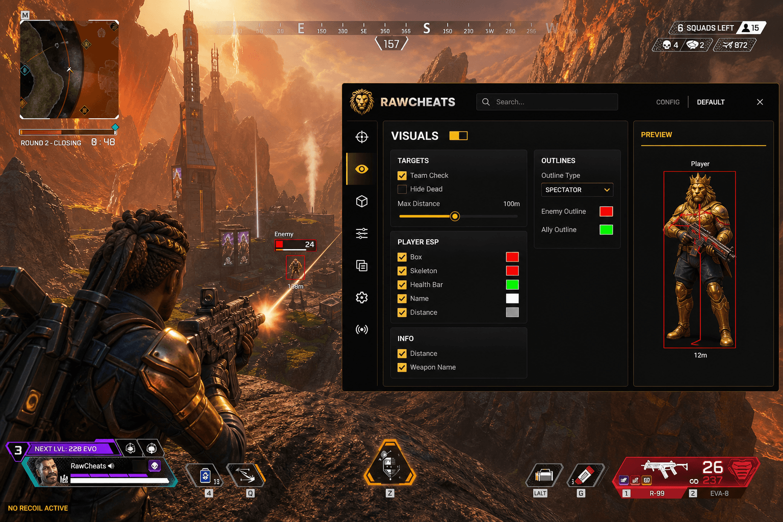 Undetected Apex Legends No Recoil (2026) — in-game screenshot showing RawCheats overlay