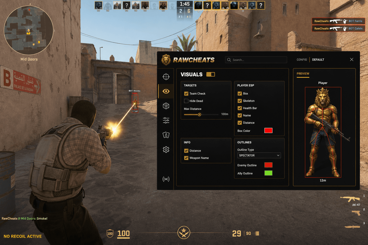 Undetected Counter-Strike 2 No Recoil (2026) — in-game screenshot showing RawCheats overlay