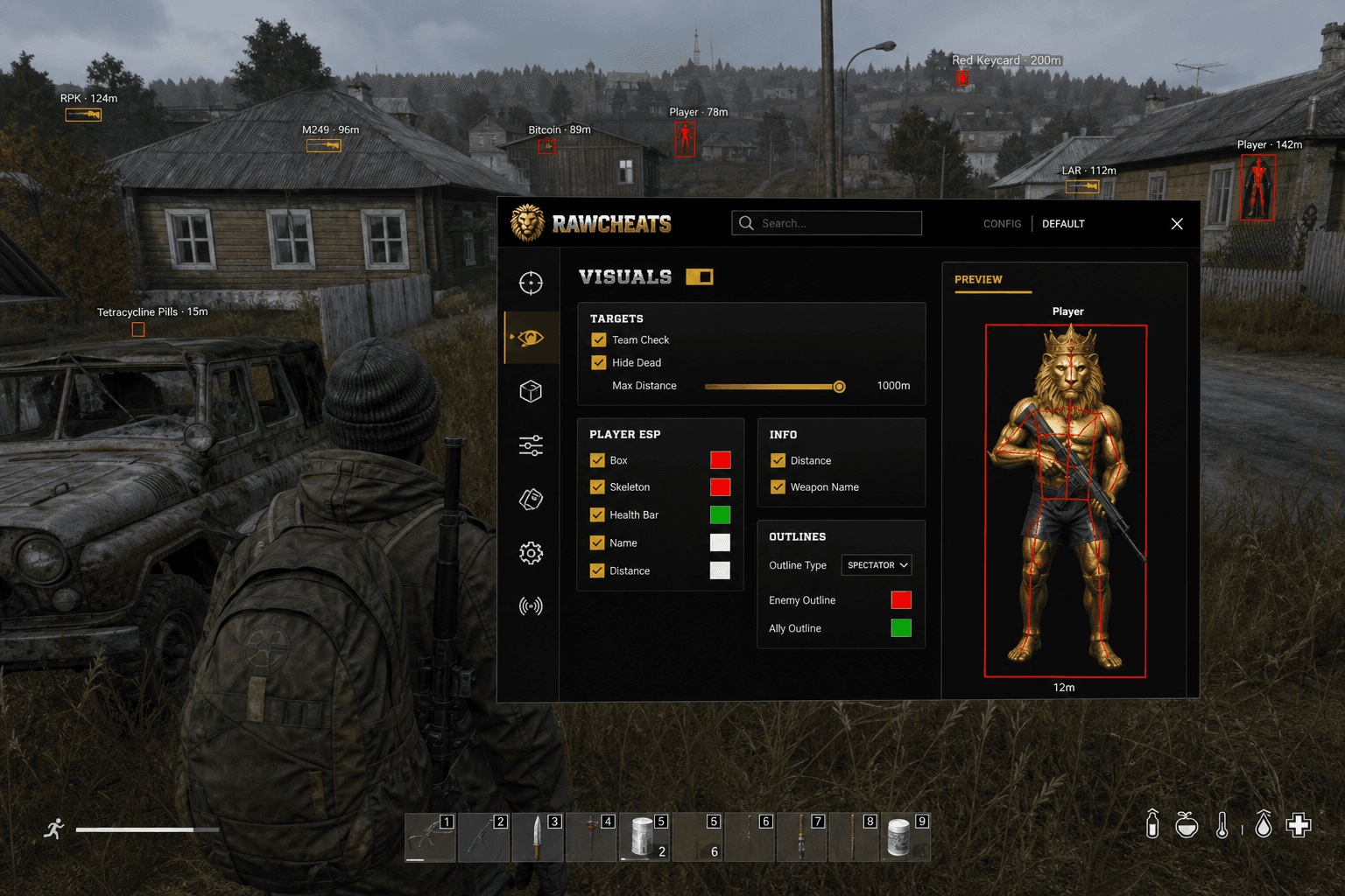 Undetected DayZ Loot ESP (2026) — in-game screenshot showing RawCheats overlay