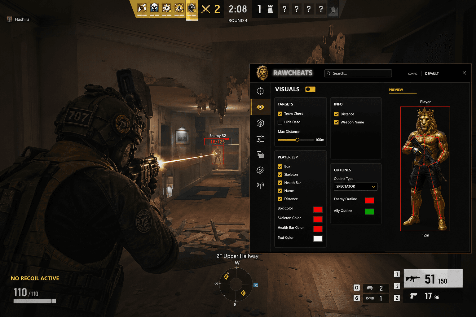 Undetected Rainbow Six Siege X No Recoil (2026) — in-game screenshot showing RawCheats overlay