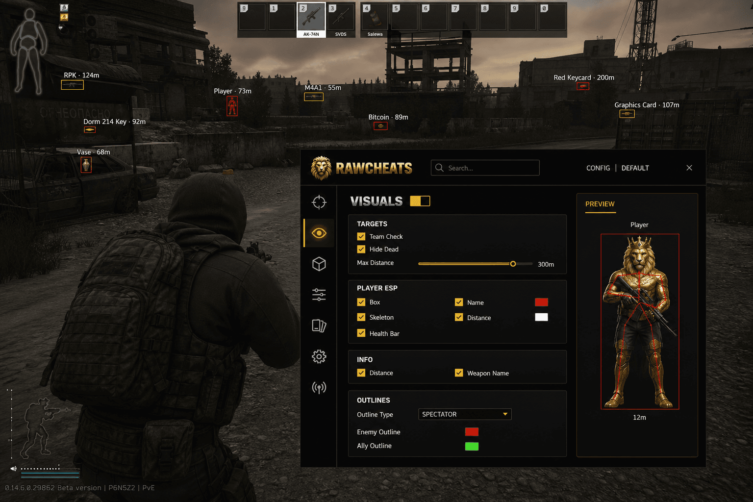 Undetected Escape from Tarkov Loot ESP (2026) — in-game screenshot showing RawCheats overlay