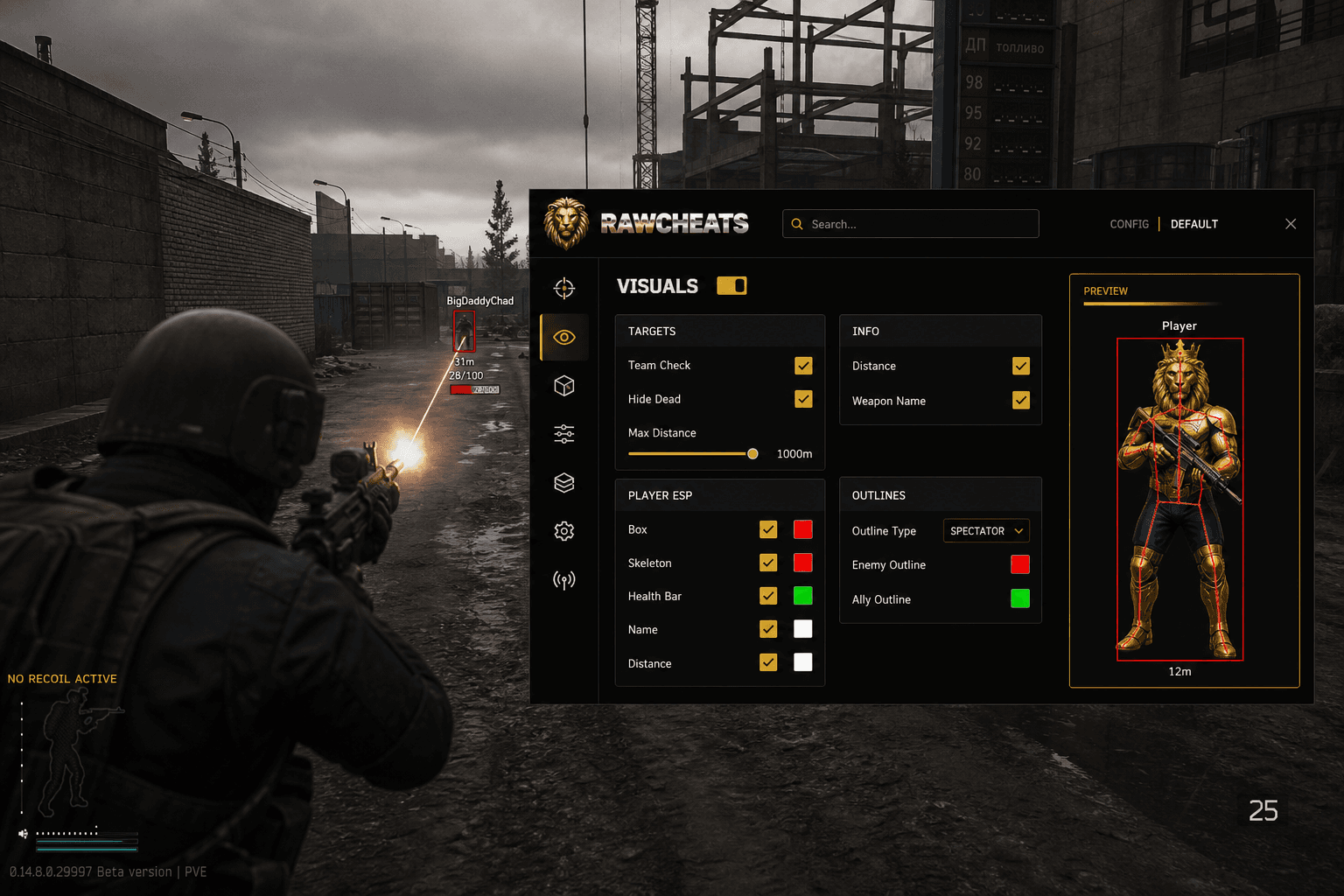 Undetected Escape from Tarkov No Recoil (2026) — in-game screenshot showing RawCheats overlay