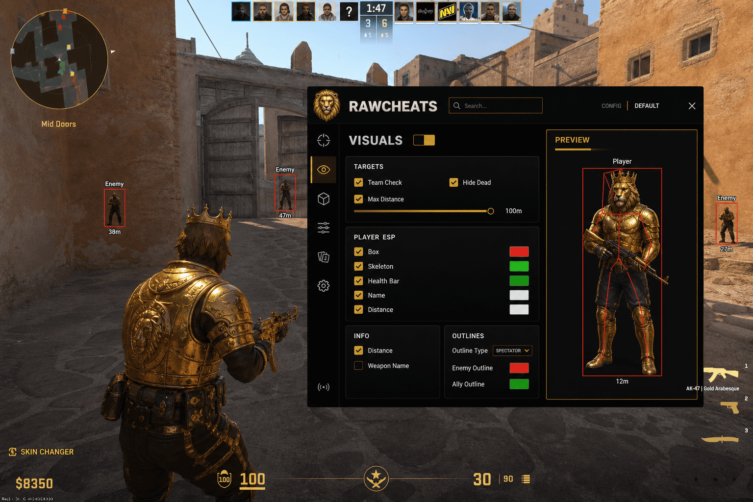 Undetected Counter-Strike 2 Skin Changer (2026) — in-game screenshot showing RawCheats overlay