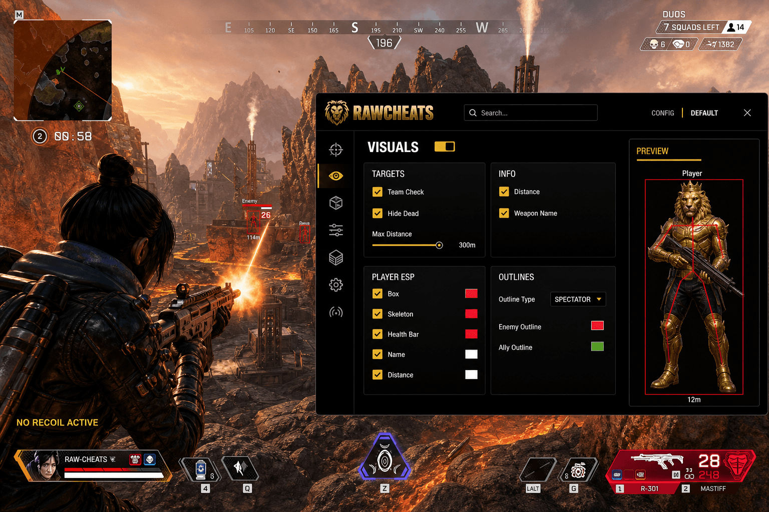 Cheap Apex Legends No Recoil (2026) — in-game screenshot showing RawCheats overlay