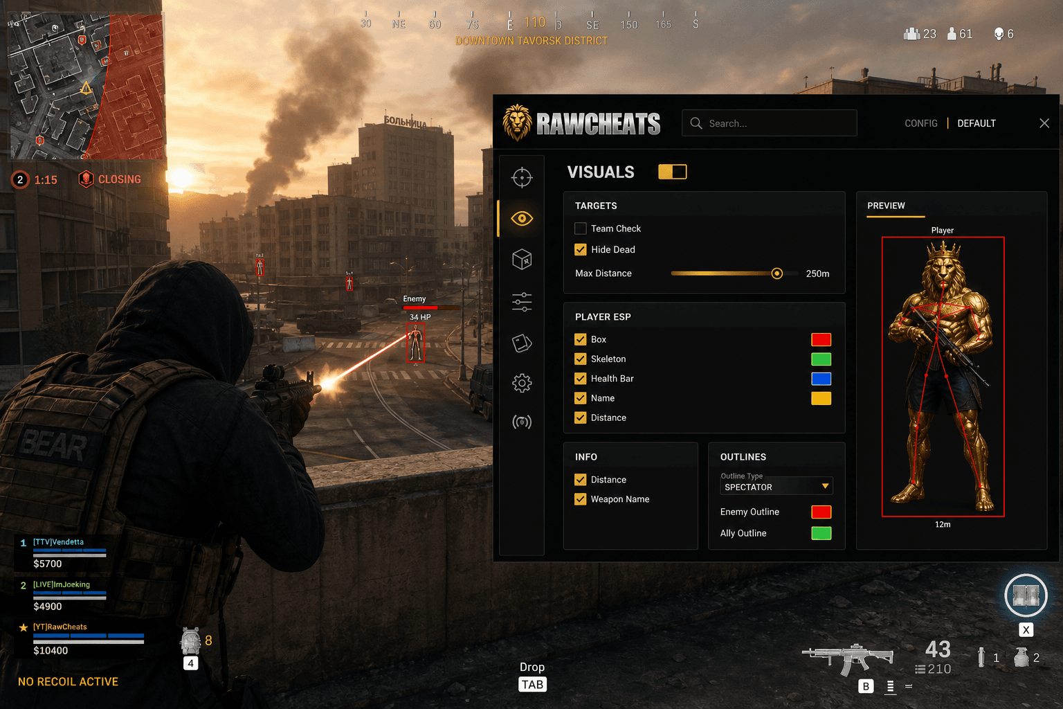 Cheap Call of Duty: Warzone No Recoil (2026) — in-game screenshot showing RawCheats overlay