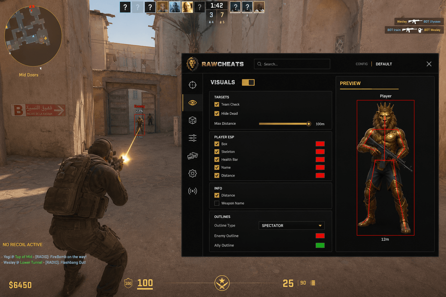 Cheap Counter-Strike 2 No Recoil (2026) — in-game screenshot showing RawCheats overlay