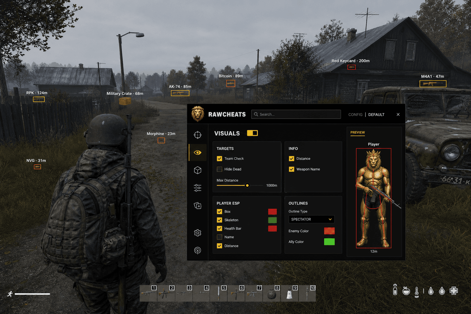 Cheap DayZ Loot ESP (2026) — in-game screenshot showing RawCheats overlay