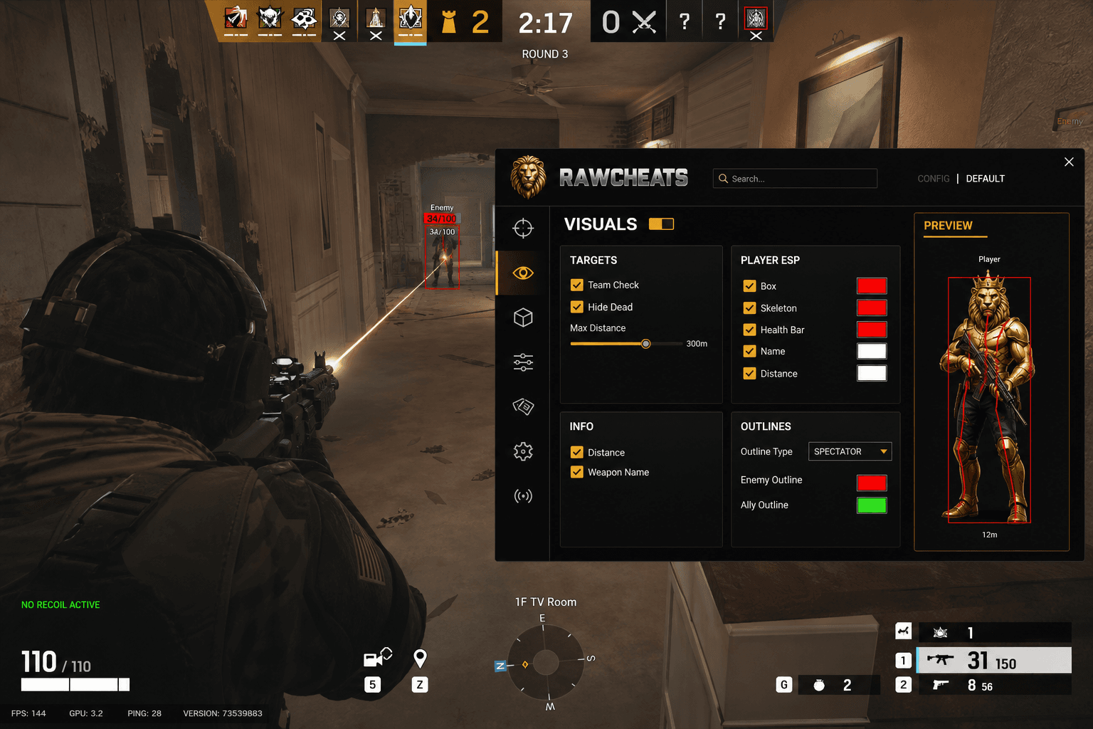 Cheap Rainbow Six Siege X No Recoil (2026) — in-game screenshot showing RawCheats overlay