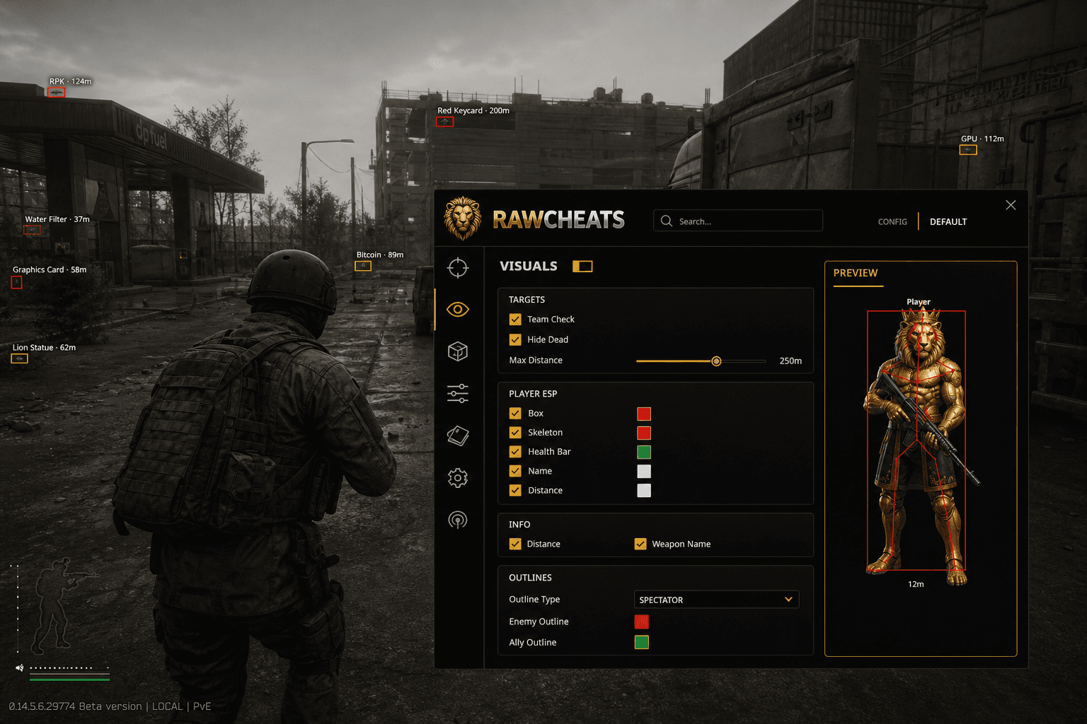 Cheap Escape from Tarkov Loot ESP (2026) — in-game screenshot showing RawCheats overlay