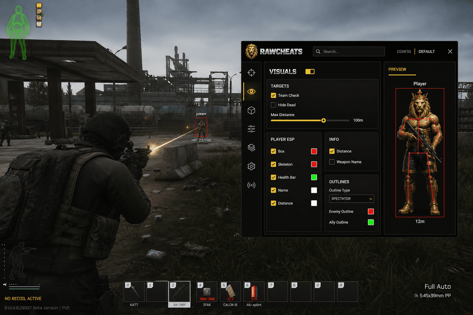 Cheap Escape from Tarkov No Recoil (2026) — in-game screenshot showing RawCheats overlay