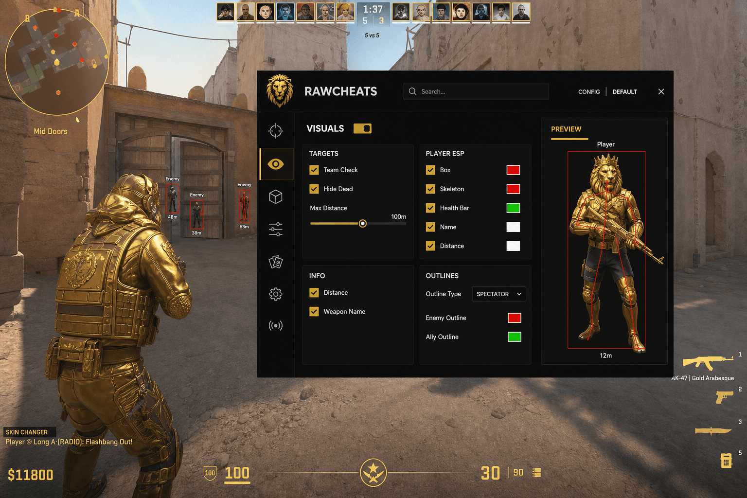 Cheap Counter-Strike 2 Skin Changer (2026) — in-game screenshot showing RawCheats overlay