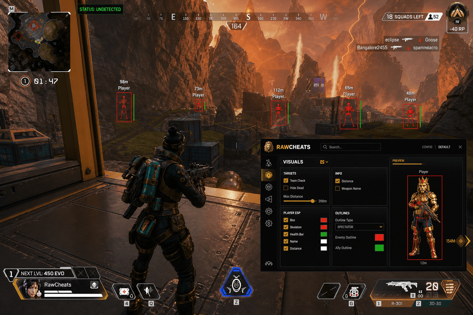 Apex Legends Cheats — Download 2026 — in-game screenshot showing RawCheats overlay