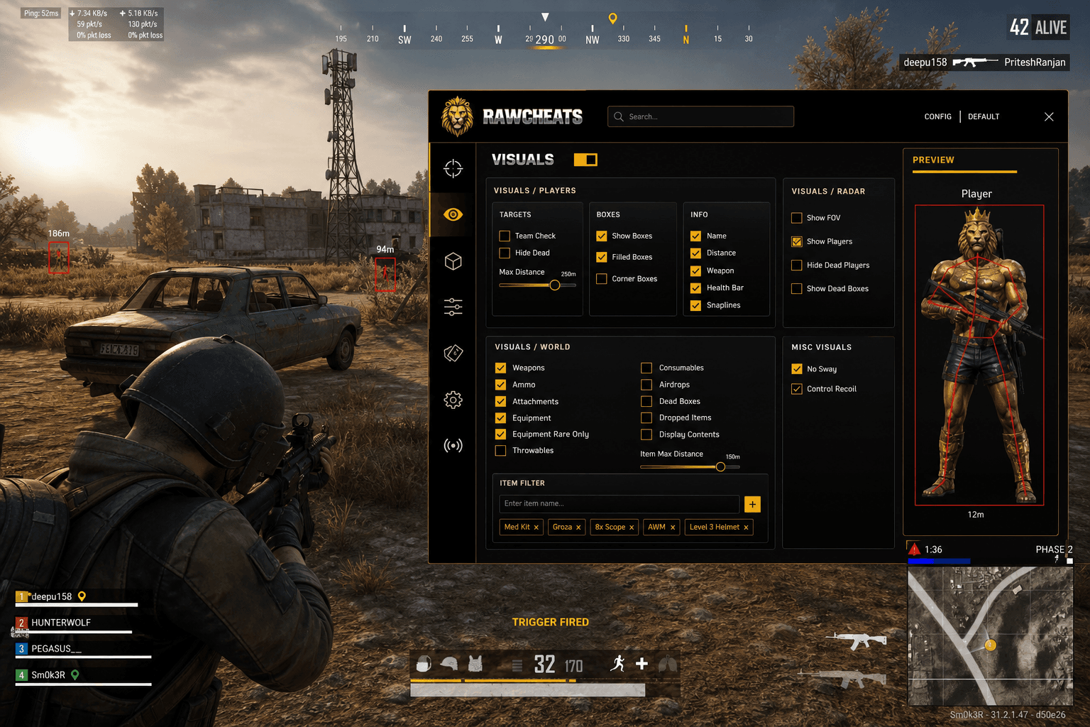 Best PUBG: BATTLEGROUNDS Triggerbot in 2026 — What Actually Works — in-game screenshot showing RawCheats overlay