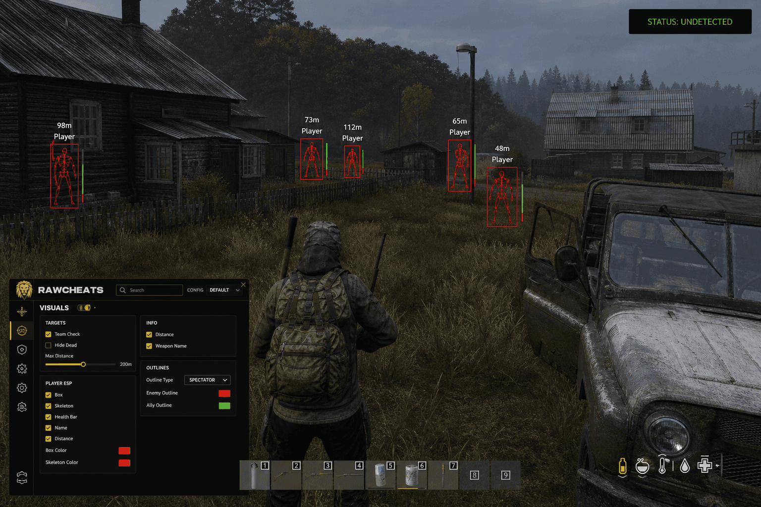 DayZ Cheats — Download 2026 — in-game screenshot showing RawCheats overlay