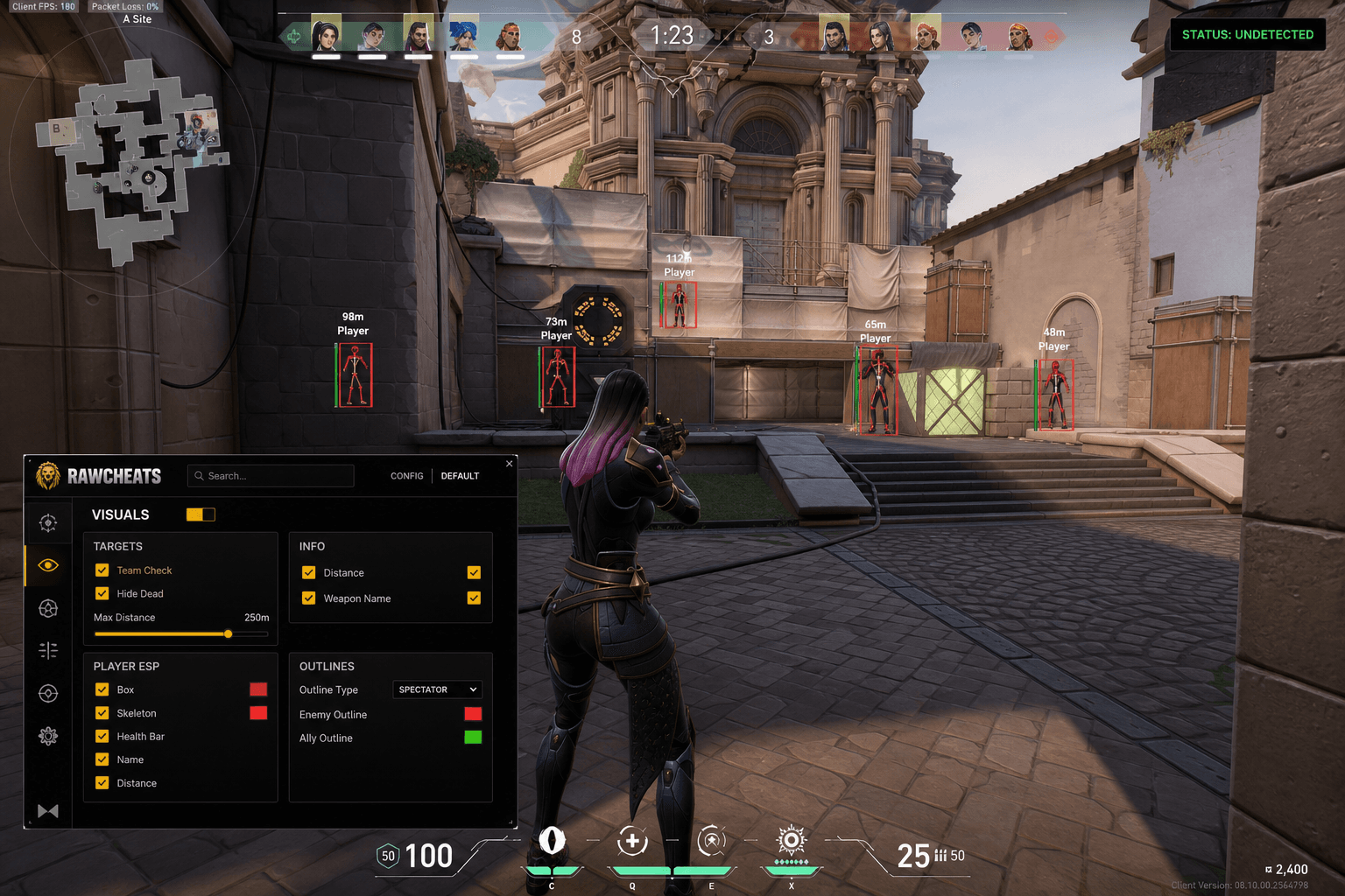 Valorant Cheats — Download 2026 — in-game screenshot showing RawCheats overlay