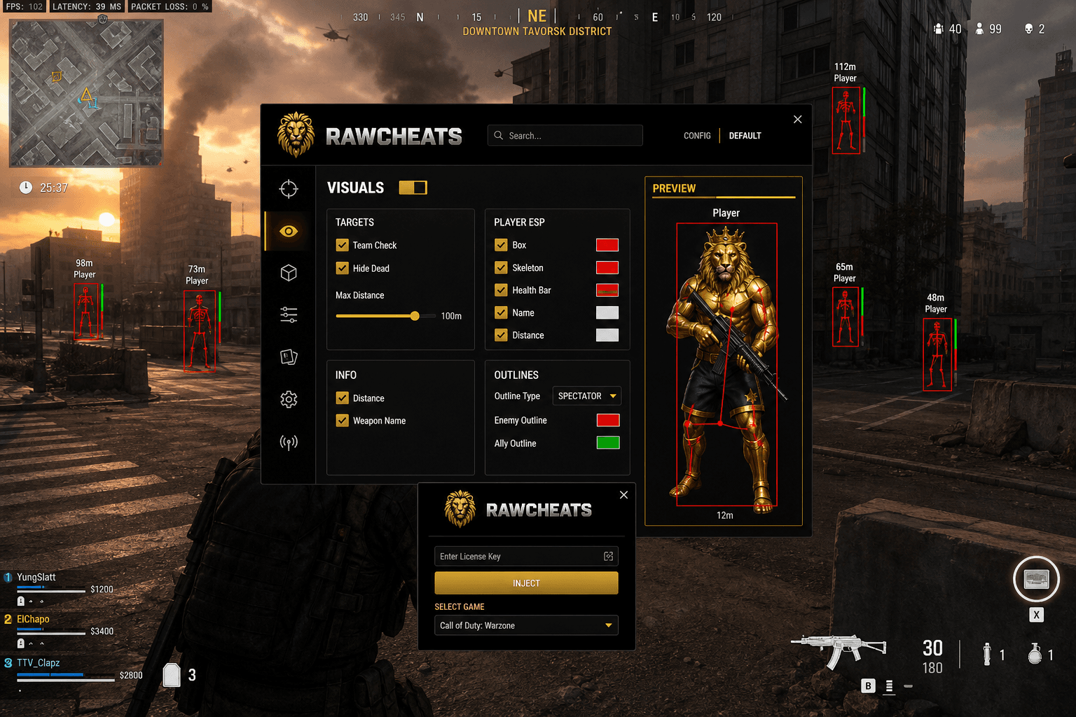 How to Set Up Call of Duty: Warzone Cheats in 2026 — in-game screenshot showing RawCheats overlay