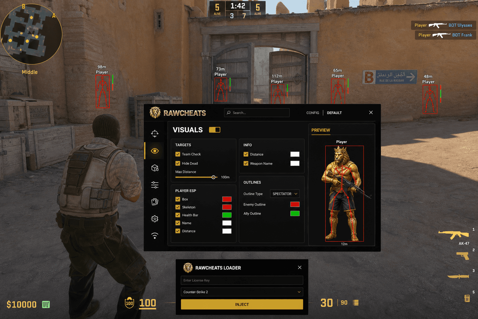 How to Set Up Counter-Strike 2 Cheats in 2026 — in-game screenshot showing RawCheats overlay