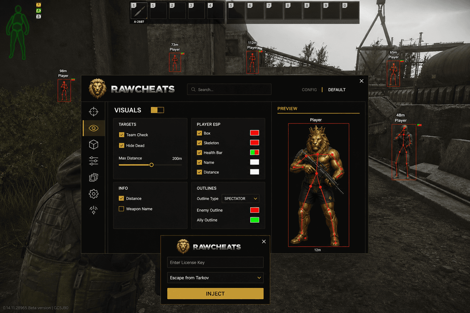 How to Set Up Escape from Tarkov Cheats in 2026 — in-game screenshot showing RawCheats overlay