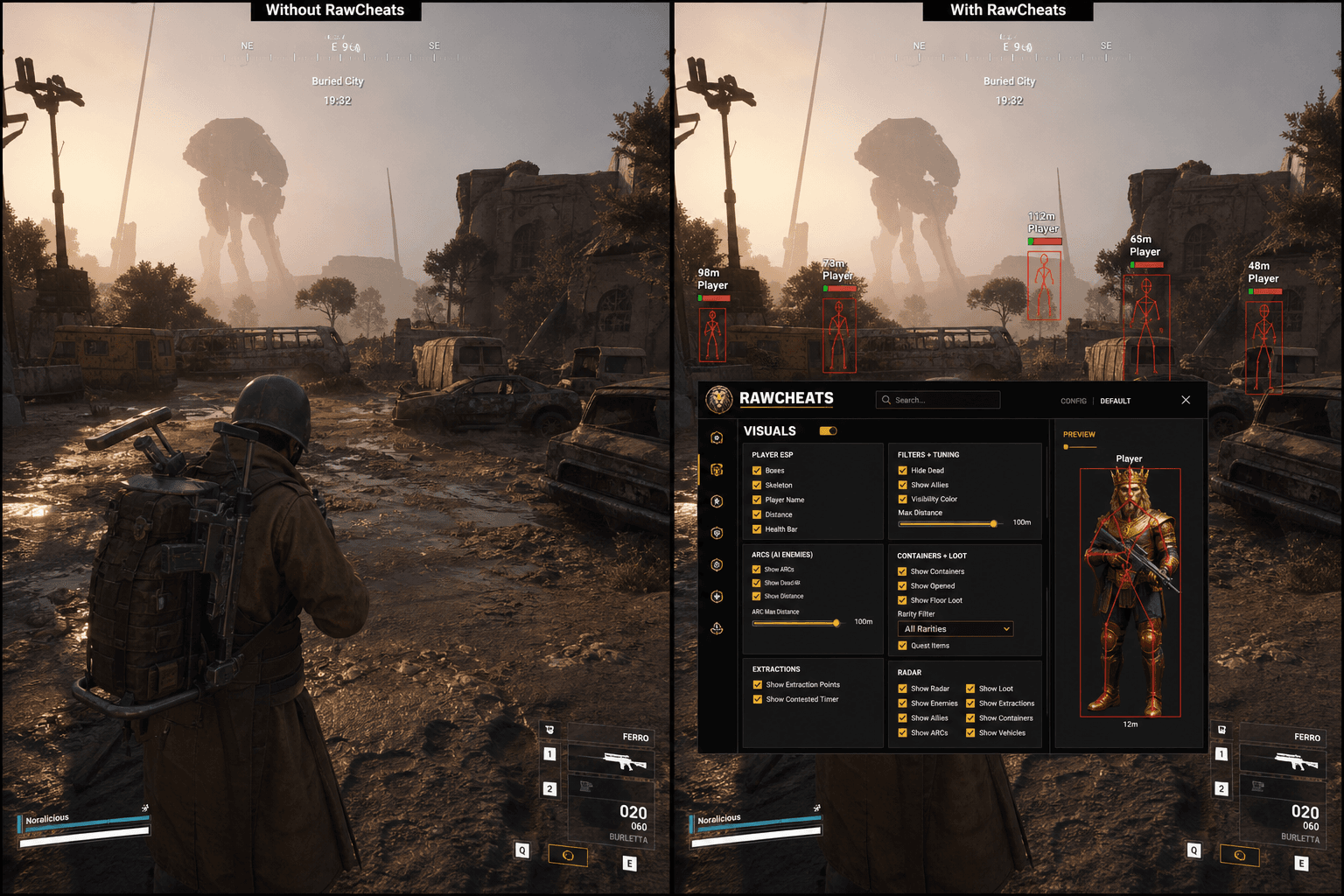 ARC Raiders Cheats vs Premium Providers — Honest Comparison — in-game screenshot showing RawCheats overlay