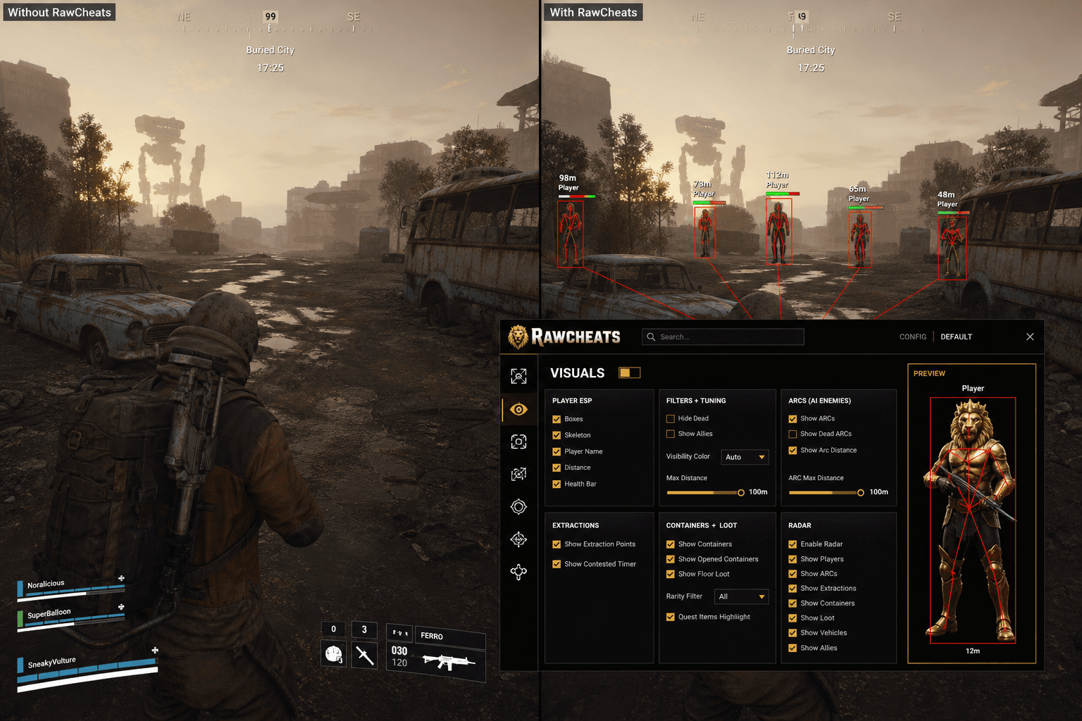 ARC Raiders Cheats vs Budget Providers — Honest Comparison — in-game screenshot showing RawCheats overlay