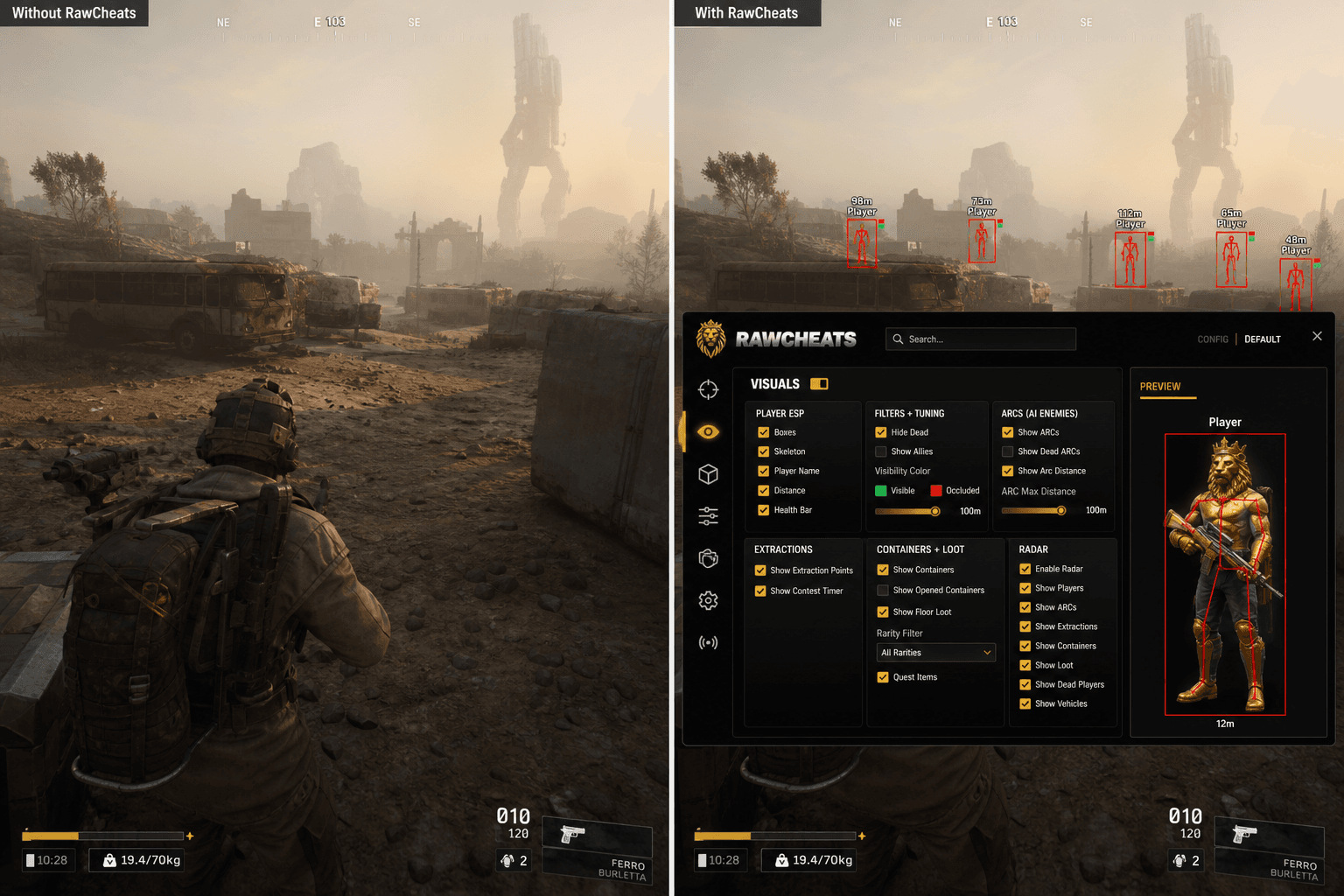 ARC Raiders Cheats vs Niche Providers — Honest Comparison — in-game screenshot showing RawCheats overlay