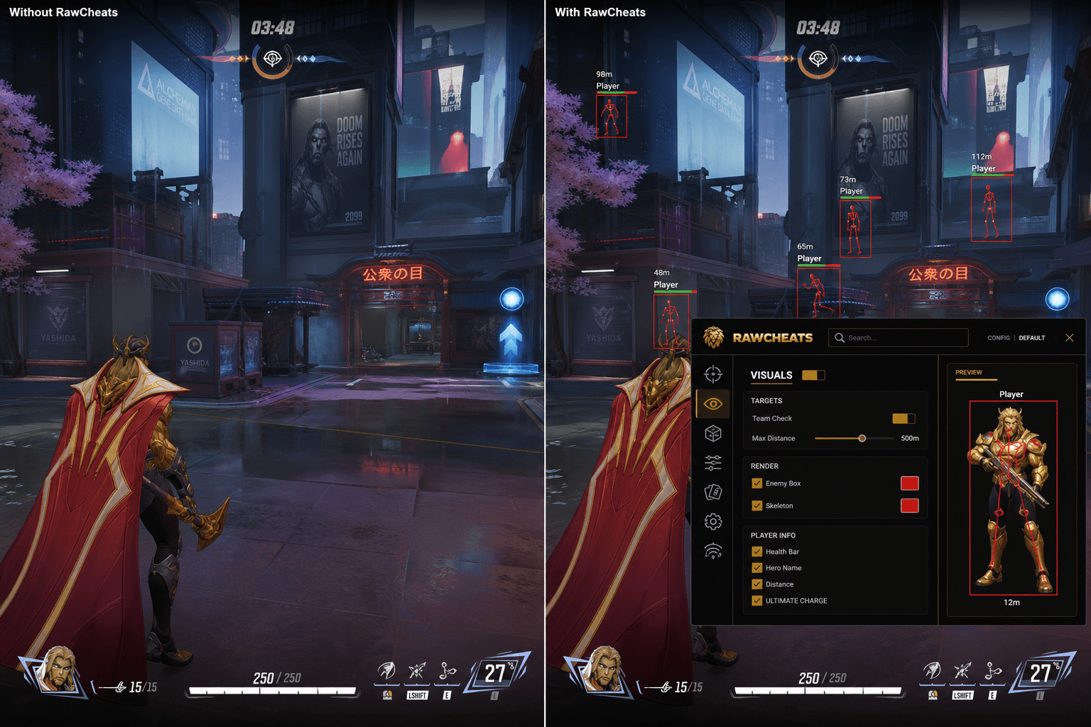 Marvel Rivals Cheats vs Niche Providers — Honest Comparison — in-game screenshot showing RawCheats overlay