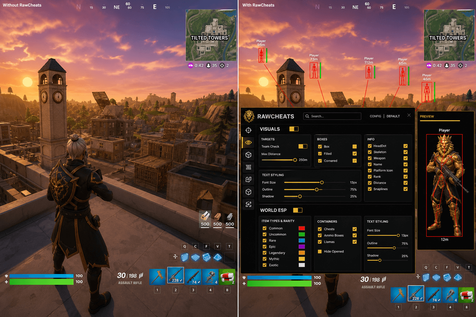 Fortnite Cheats vs Premium Providers — Honest Comparison — in-game screenshot showing RawCheats overlay