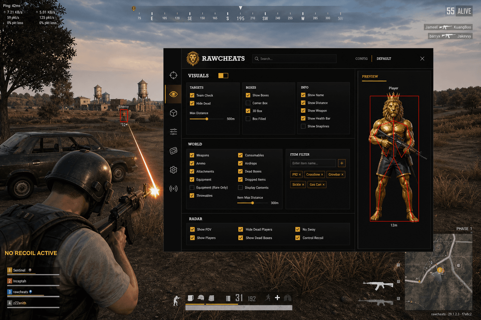 PUBG: BATTLEGROUNDS No Recoil — Recoil Control System (2026) — in-game screenshot showing RawCheats overlay