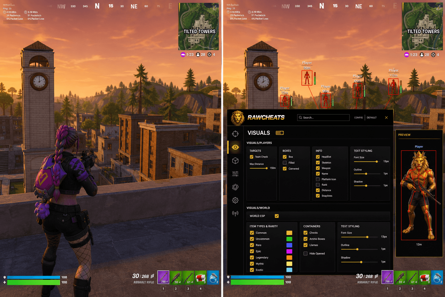 Fortnite Cheats vs Budget Providers — Honest Comparison — in-game screenshot showing RawCheats overlay