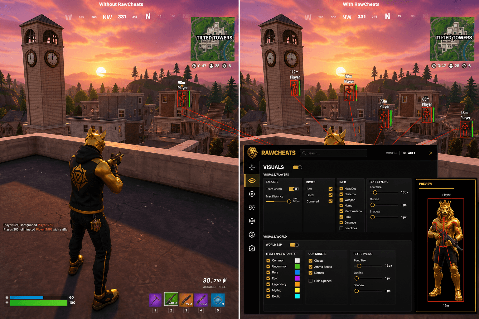 Fortnite Cheats vs Niche Providers — Honest Comparison — in-game screenshot showing RawCheats overlay