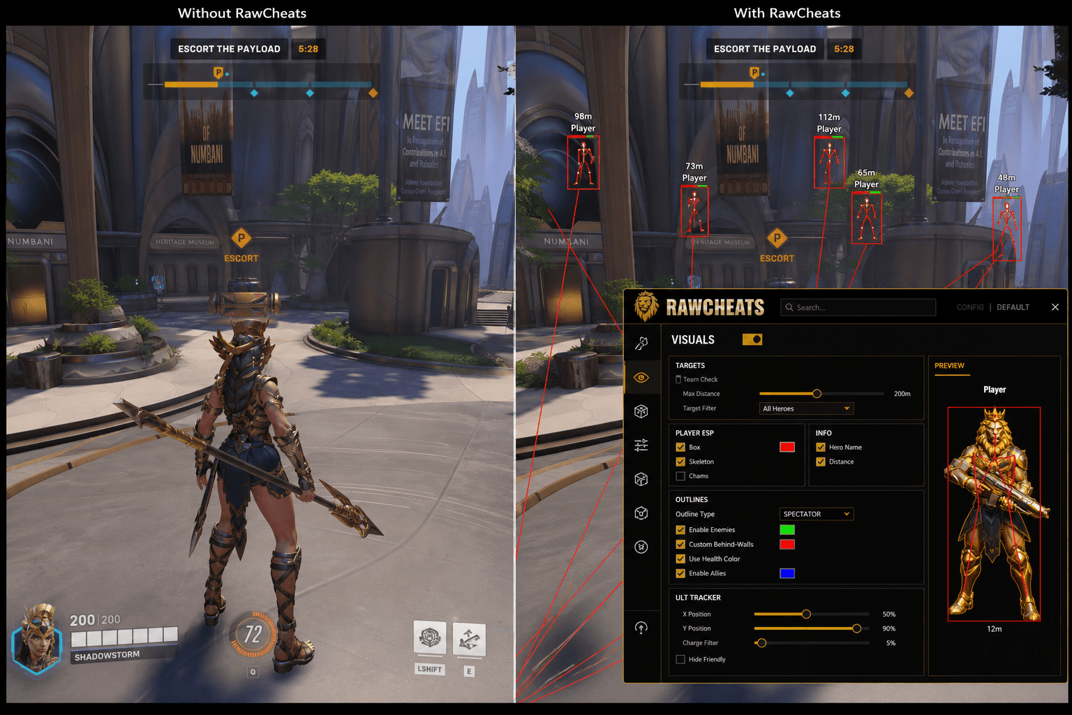 Overwatch 2 Cheats vs Premium Providers — Honest Comparison — in-game screenshot showing RawCheats overlay