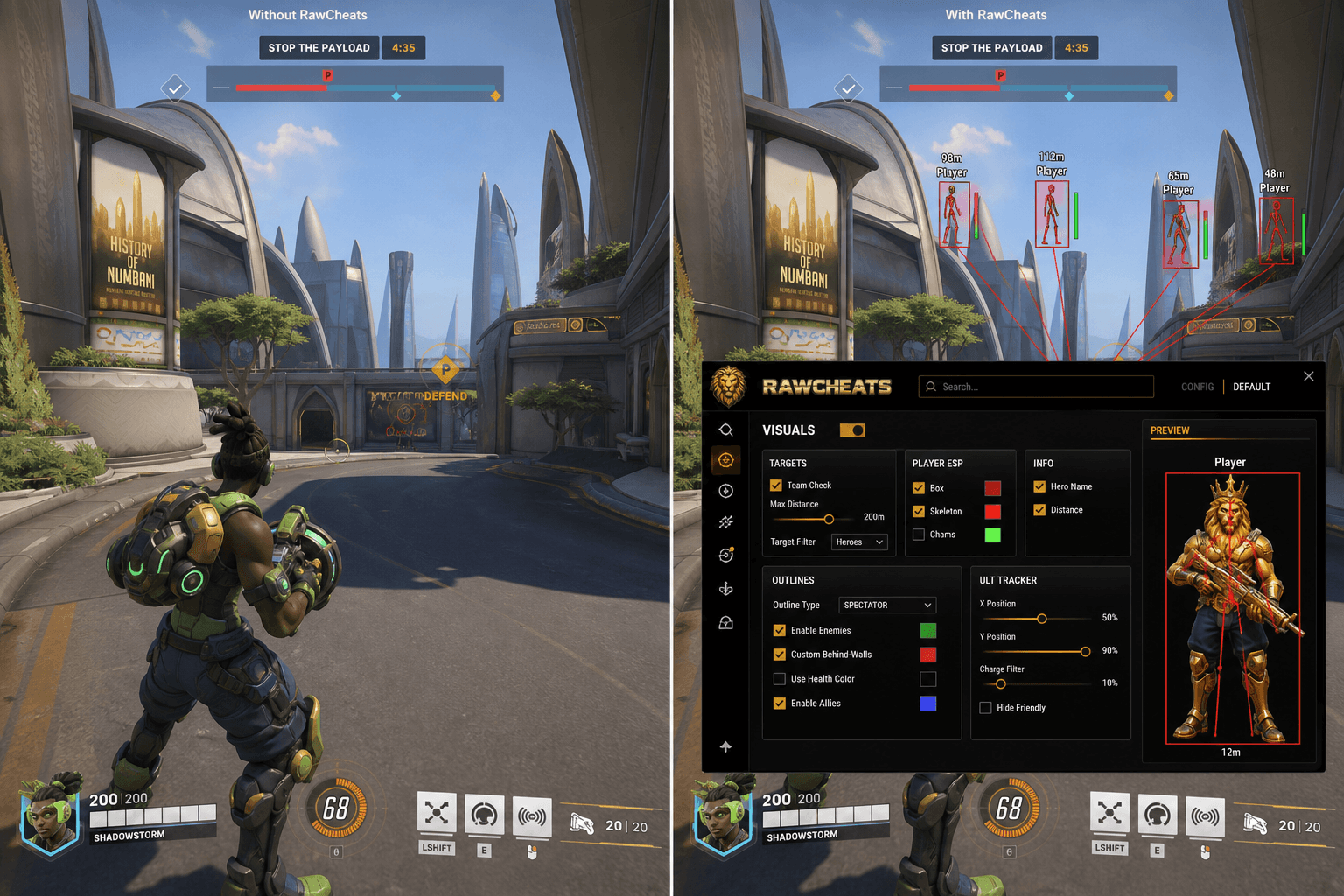 Overwatch 2 Cheats vs Budget Providers — Honest Comparison — in-game screenshot showing RawCheats overlay