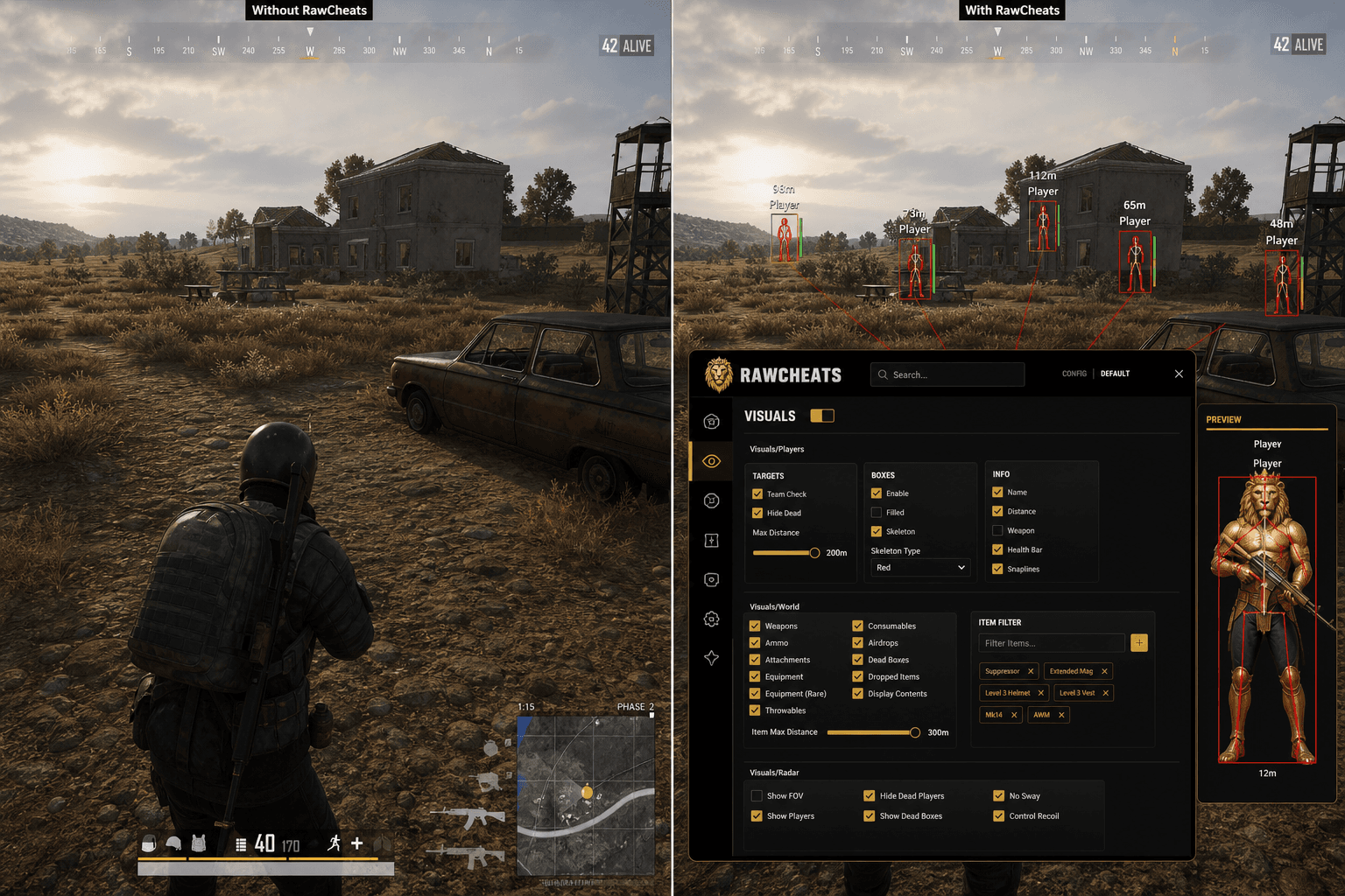 PUBG: BATTLEGROUNDS Cheats vs Premium Providers — Honest Comparison — in-game screenshot showing RawCheats overlay