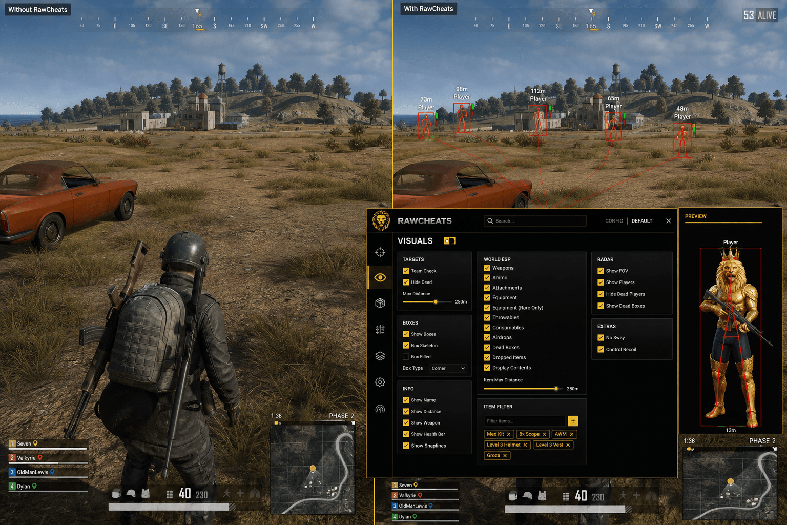 PUBG: BATTLEGROUNDS Cheats vs Budget Providers — Honest Comparison — in-game screenshot showing RawCheats overlay