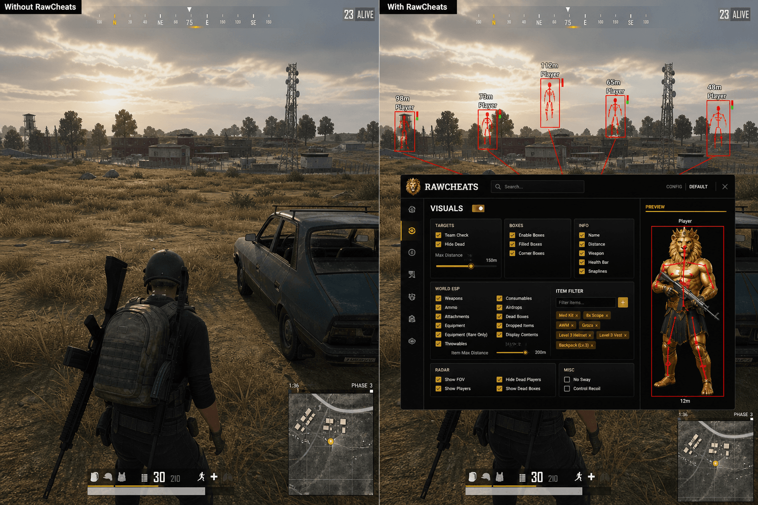 PUBG: BATTLEGROUNDS Cheats vs Niche Providers — Honest Comparison — in-game screenshot showing RawCheats overlay
