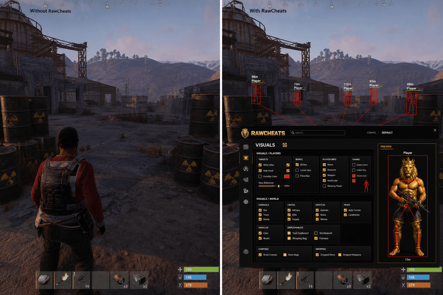 Rust Cheats vs Premium Providers — Honest Comparison — in-game screenshot showing RawCheats overlay