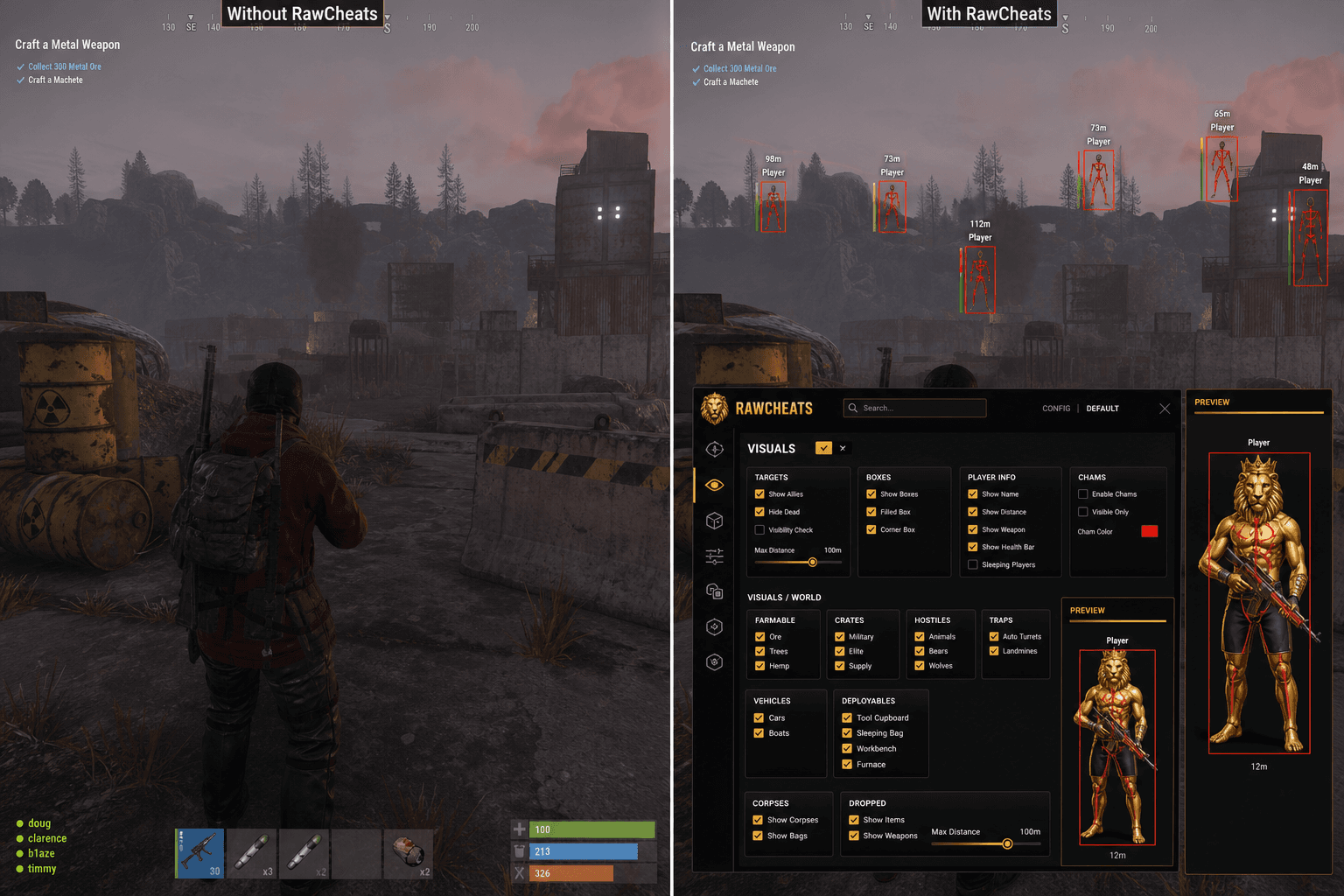 Rust Cheats vs Budget Providers — Honest Comparison — in-game screenshot showing RawCheats overlay