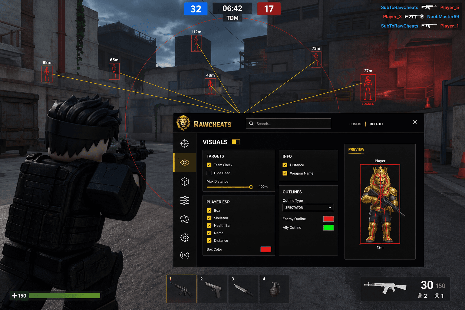 Roblox Aimbot — Silent Aim & Humanizer (2026) — in-game screenshot showing RawCheats overlay