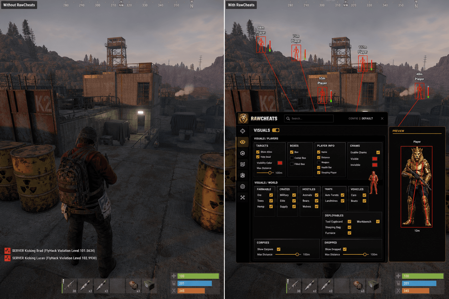 Rust Cheats vs Niche Providers — Honest Comparison — in-game screenshot showing RawCheats overlay