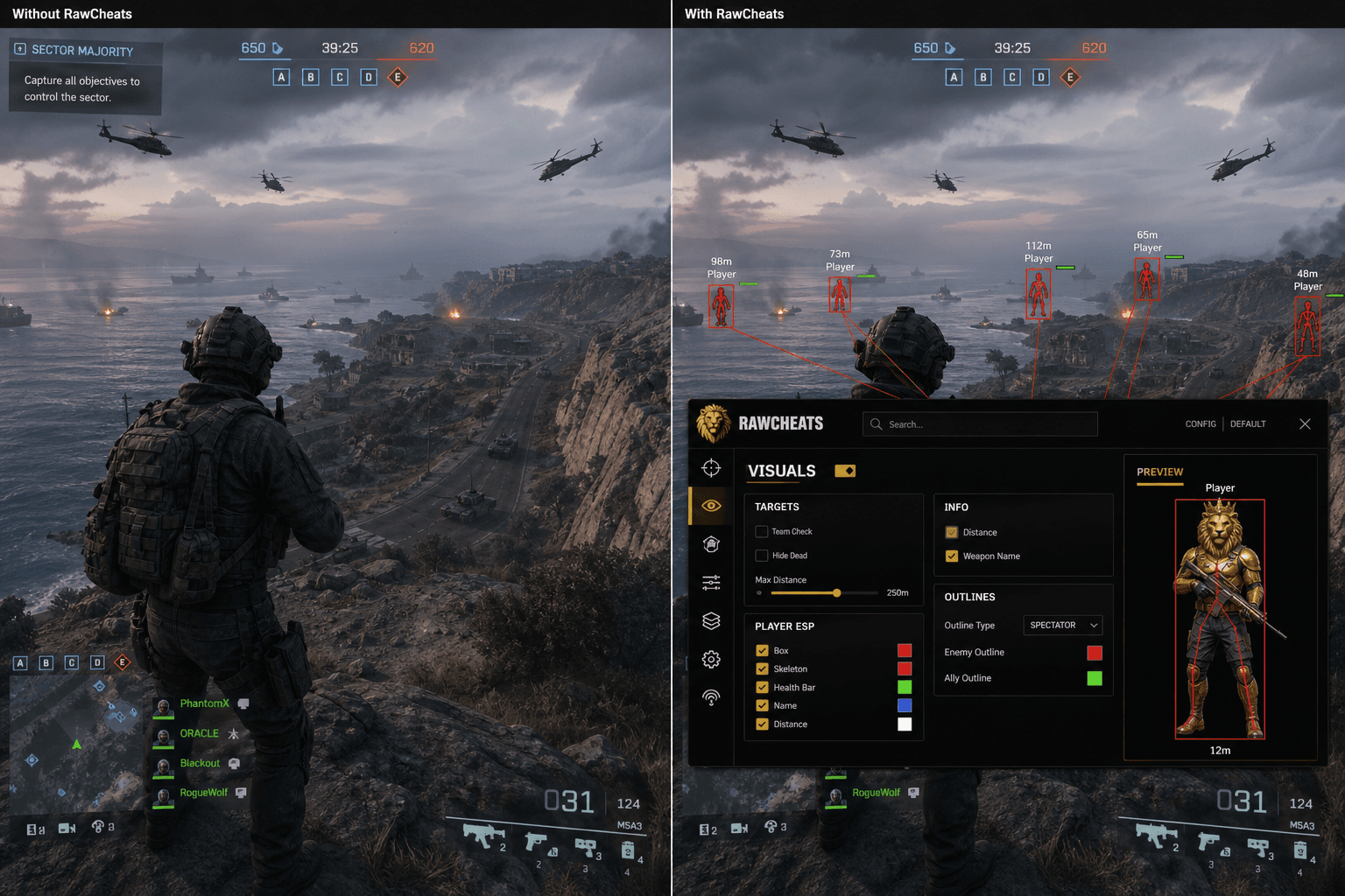 Battlefield 6 Cheats vs Premium Providers — Honest Comparison — in-game screenshot showing RawCheats overlay