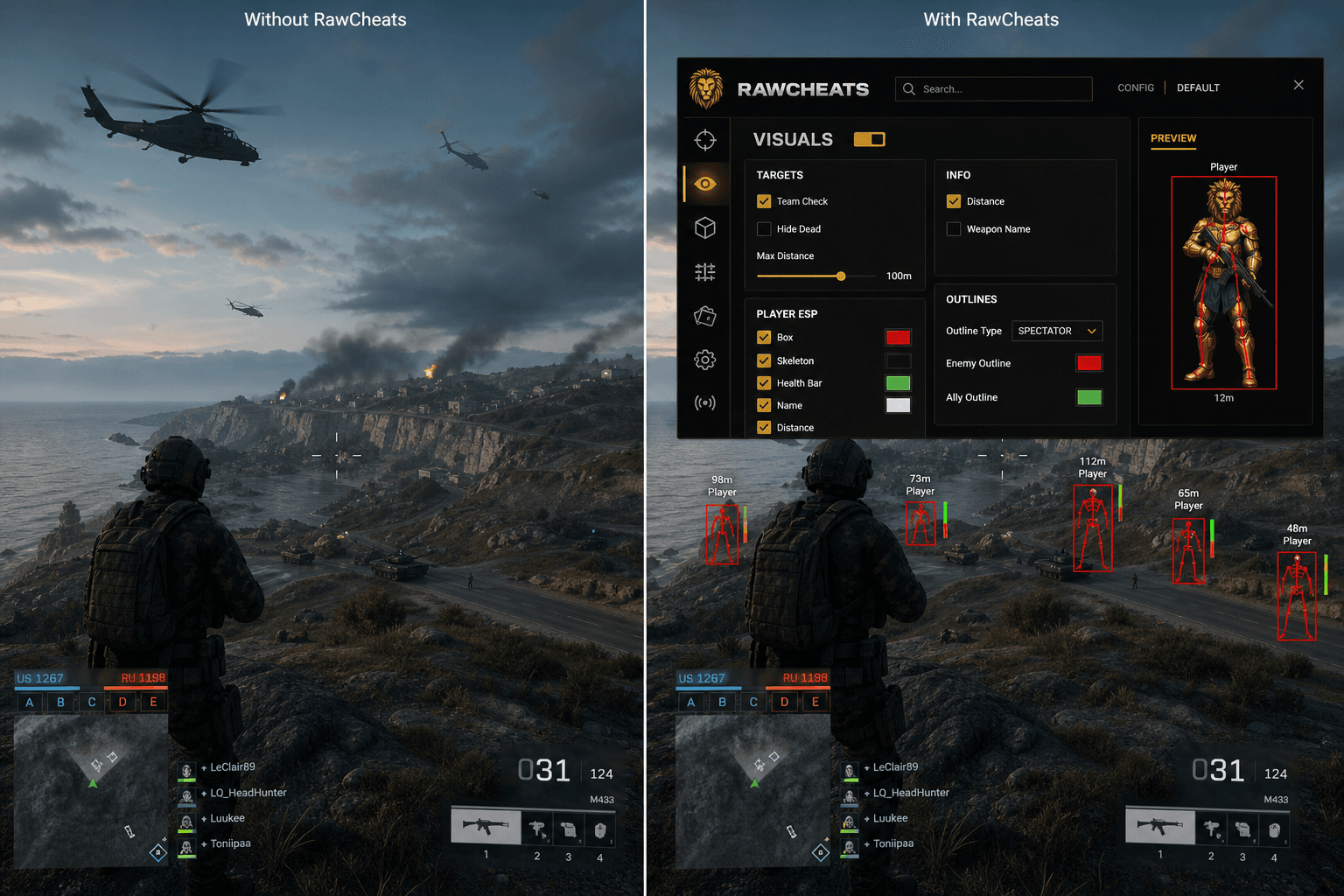Battlefield 6 Cheats vs Budget Providers — Honest Comparison — in-game screenshot showing RawCheats overlay