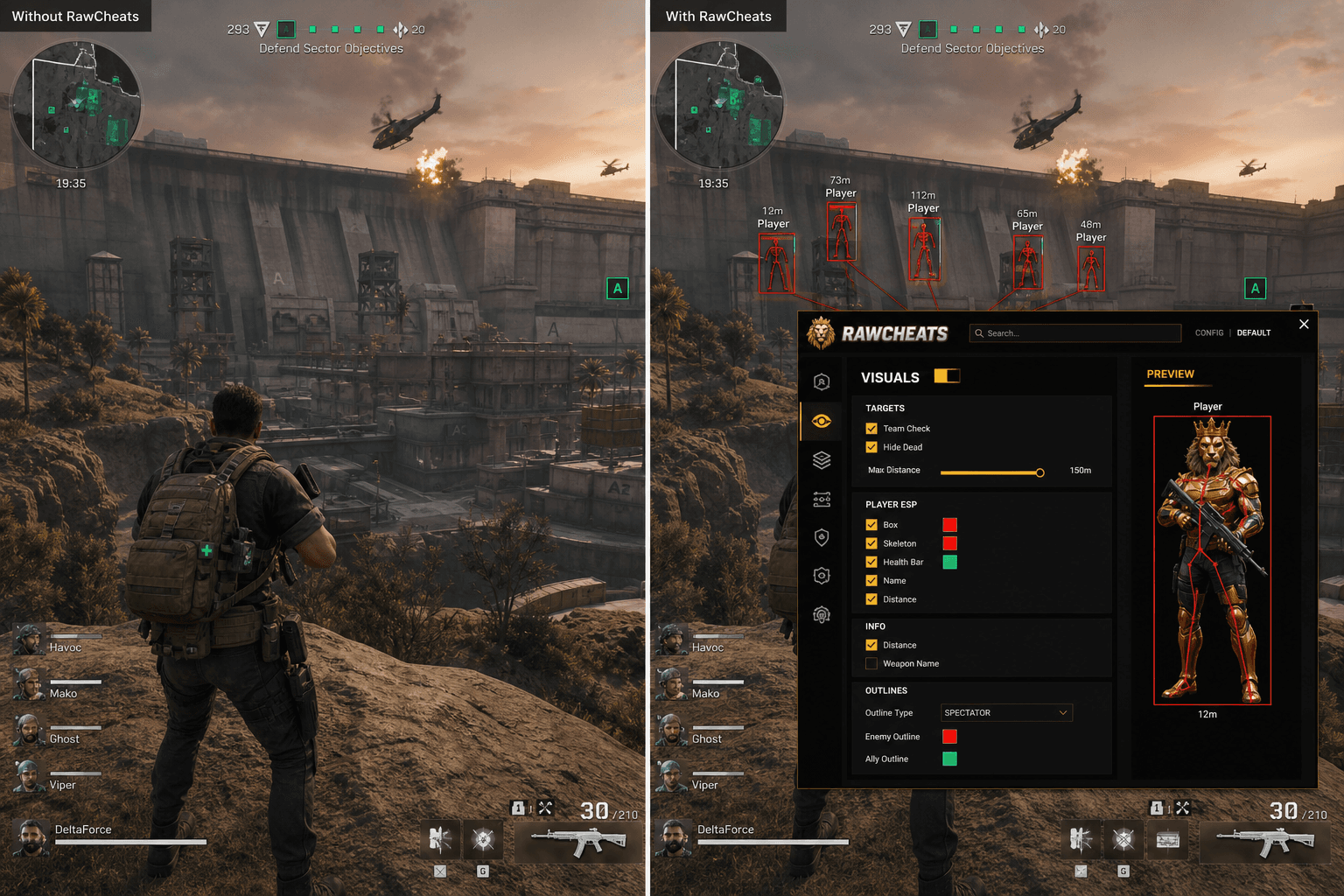 Delta Force Cheats vs Premium Providers — Honest Comparison — in-game screenshot showing RawCheats overlay