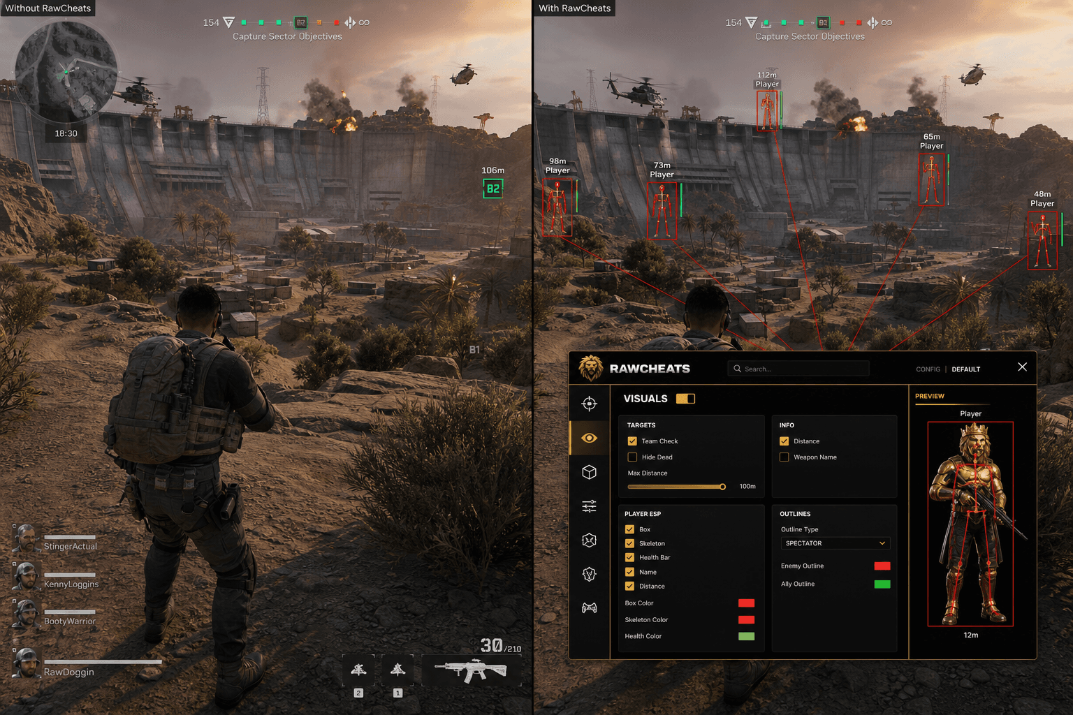 Delta Force Cheats vs Budget Providers — Honest Comparison — in-game screenshot showing RawCheats overlay
